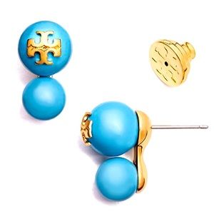 Tory Burch Pearl Double Stud Earrings in Blue Falls